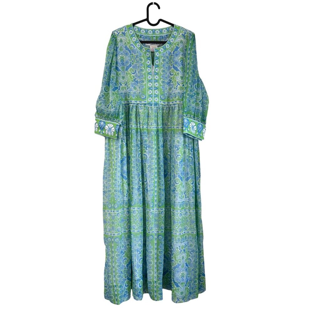 Gretchen Scott Borderline Watteau Crinkly Blue Green Maxi Dress Women Medium NEW